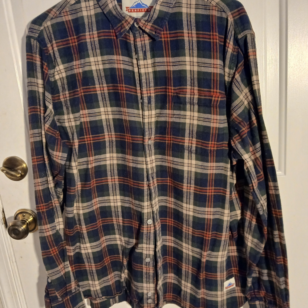Penfield Mens XL Black, Cream & Red Cotton Soft Flannel Plaid Button-Down Shirt